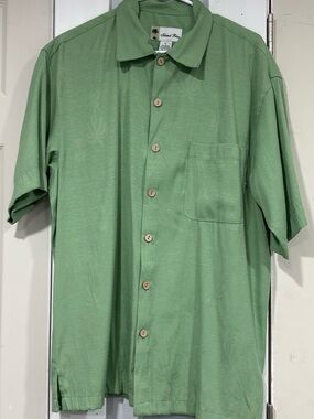 Island Blue Mens Large Green Hawaiian Camp Shirt Rayon Blend Palm Leaf Casual L